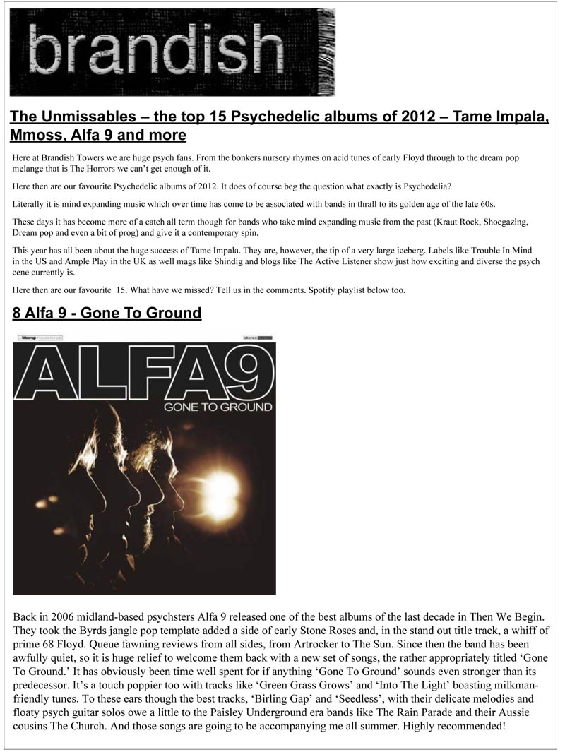 Brandish TV Top Psychedelic Albums 2012 Gone To Ground Alfa 9