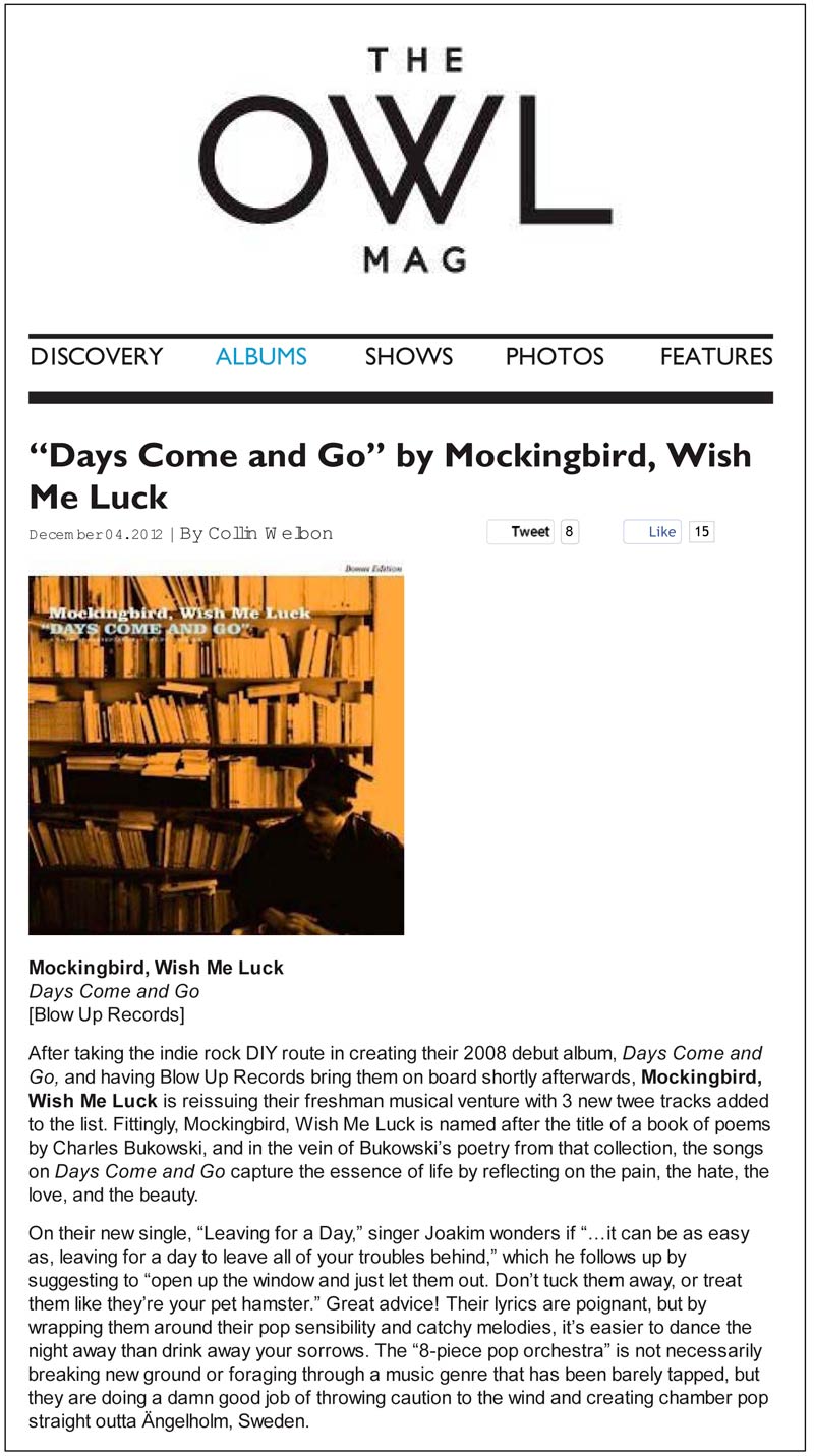 Mockingbird Wish Me Luck Days Come And Go Owl Magazine Review