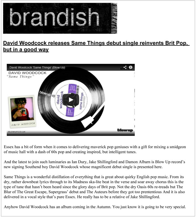 Brandish TV David Woodcock Same Things debut reinvents Brit Pop but in a good way