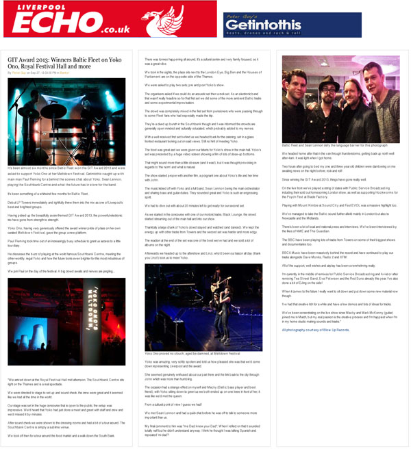 GIT Award 2013 Winners Baltic Fleet on Yoko Ono, Royal Festival Hall Liverpool Echo