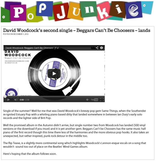 PopJunkie David Woodcock’s second single – Beggars Can’t Be Choosers – lands